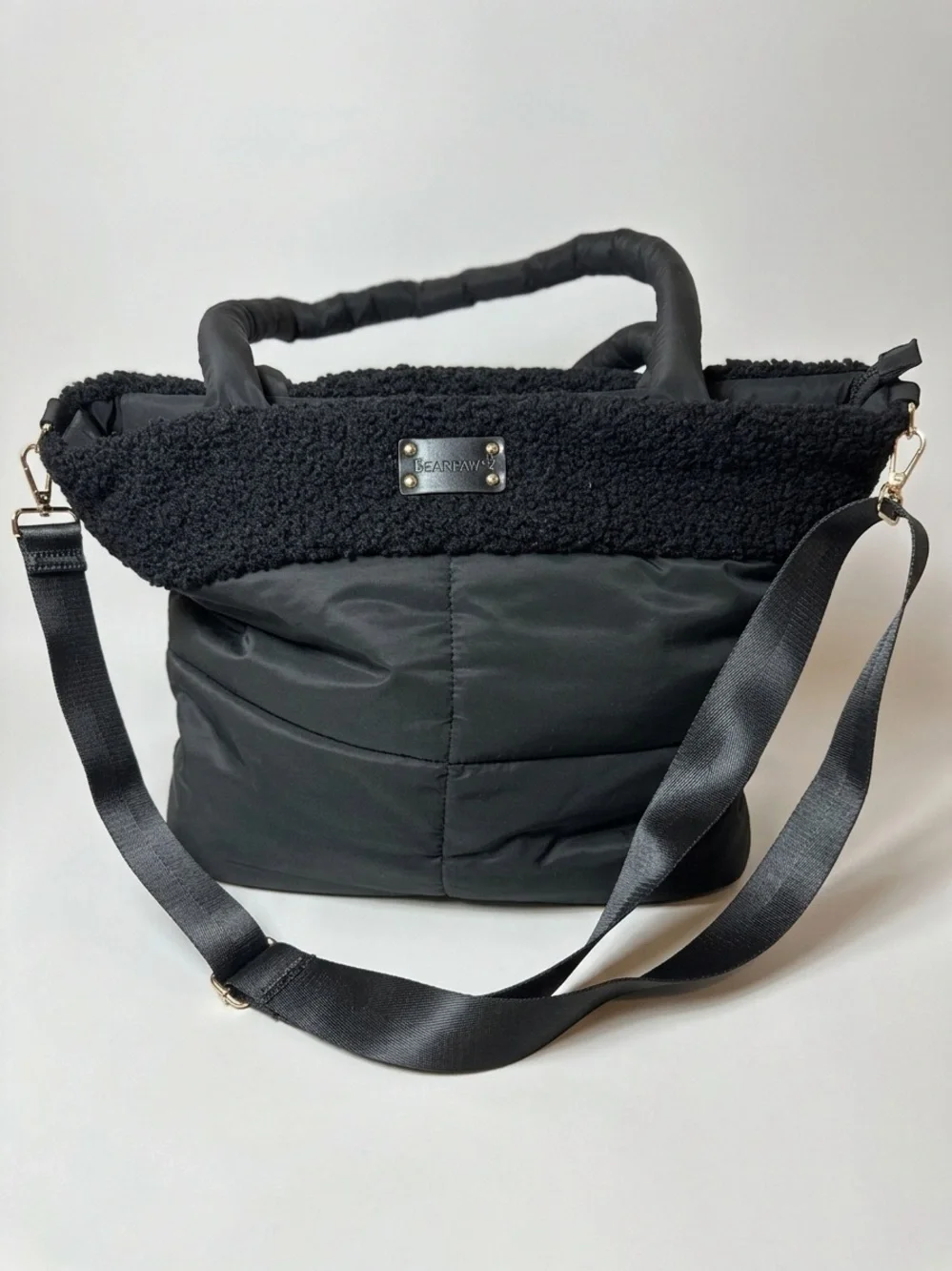 Bearpaw Black Quilted Puffer Tote Bag with Cozy Faux-Shearling Trim